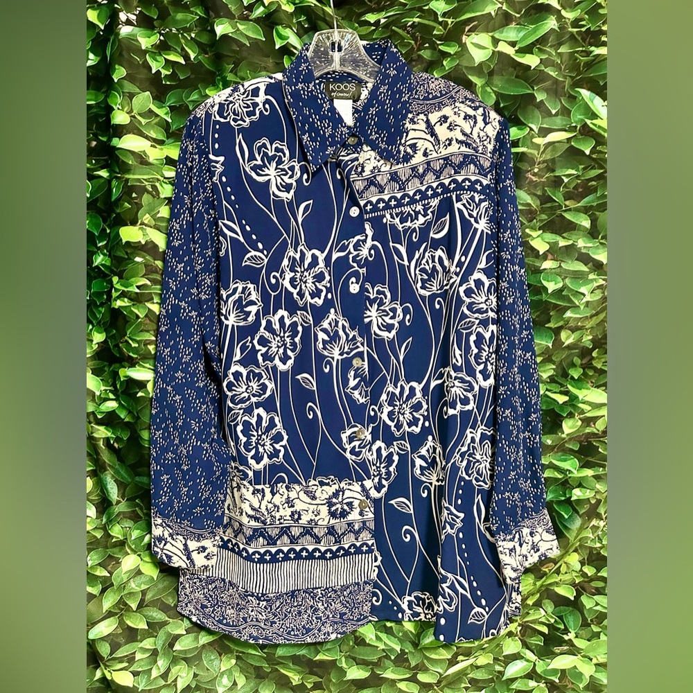 Koos Of Course Button Up Long Sleeve Tunic Top Navy Blue White Womens M